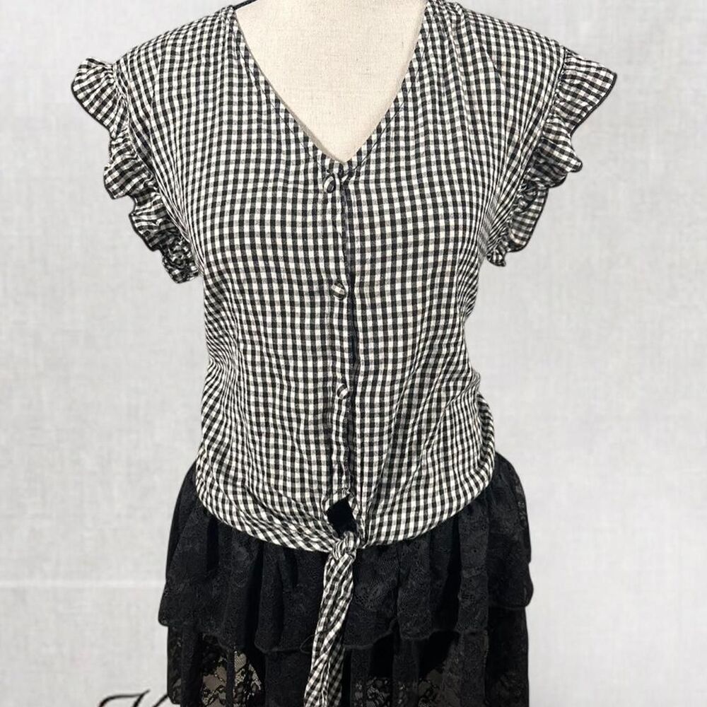 Y2k Gothic Black and White Gingham button blouse with ruffle sleeves tie front